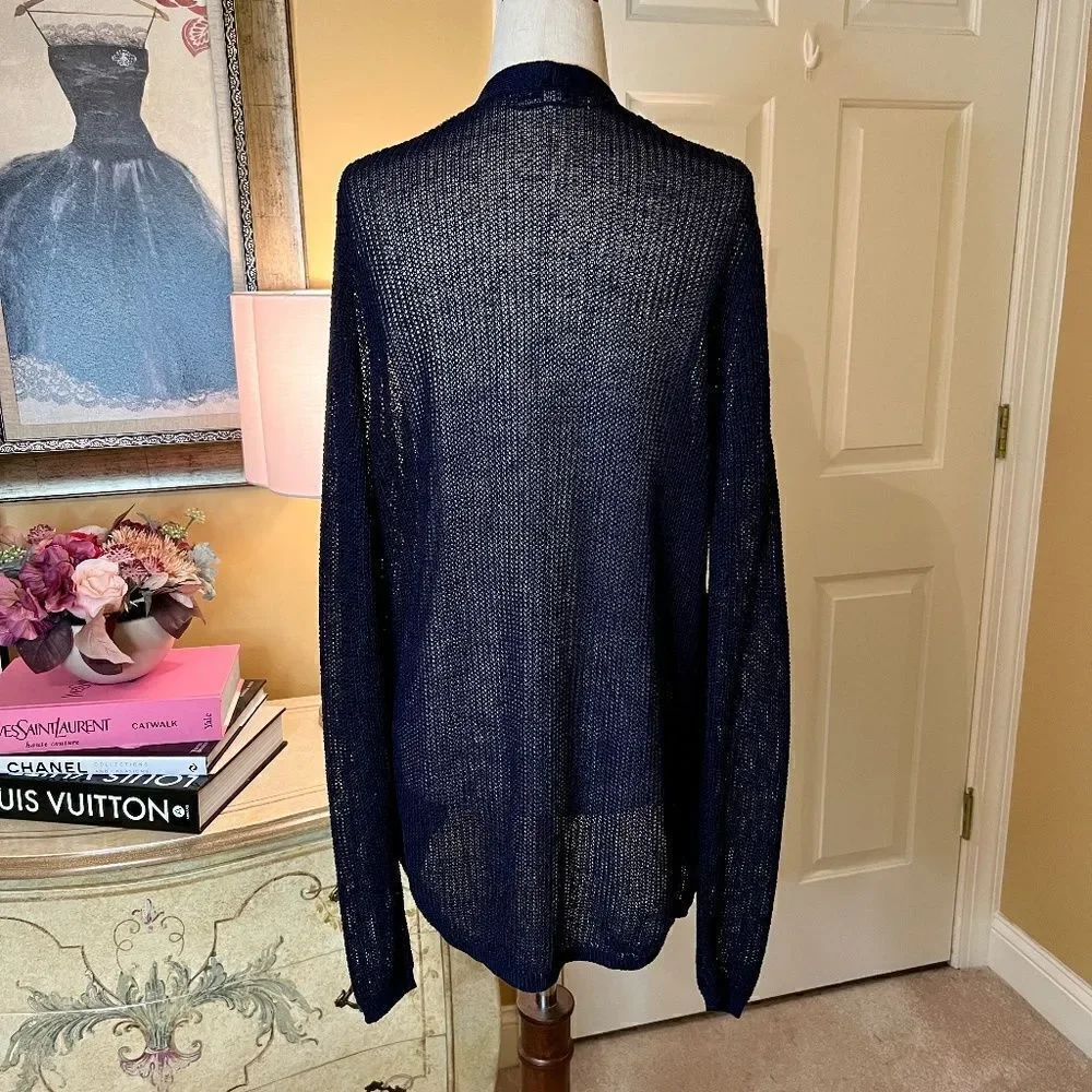 Women's Ines De La Fressange Navy Open Front Loose Weave Cardigan Sweater MEDIUM